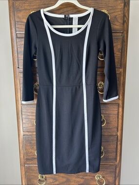 Black 3/4 Sleeve Knit Dress with White Piping Trim, Size S